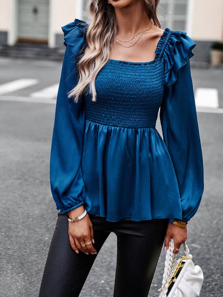 Smocked Ruffle Trim Square Neck Peplum Blouse SZ25-TP32023 for wholesale by ePretty