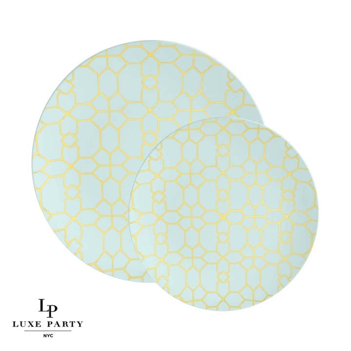 Menta redonda • Platos de plástico con patrón dorado | Paquete de 10 para venta al por mayor de Luxe Party