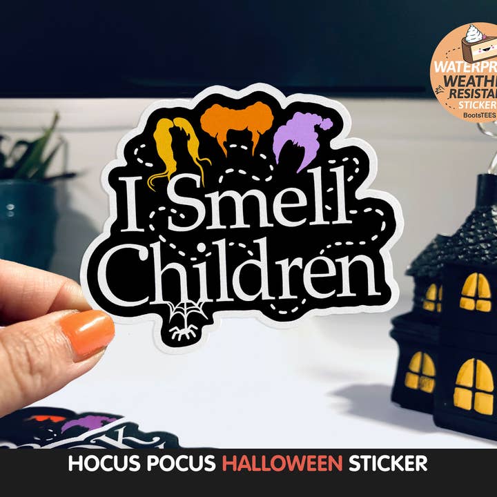 I Smell Children Sticker, 3" Hocus Pocus Halloween Decal for wholesale by BootsTees