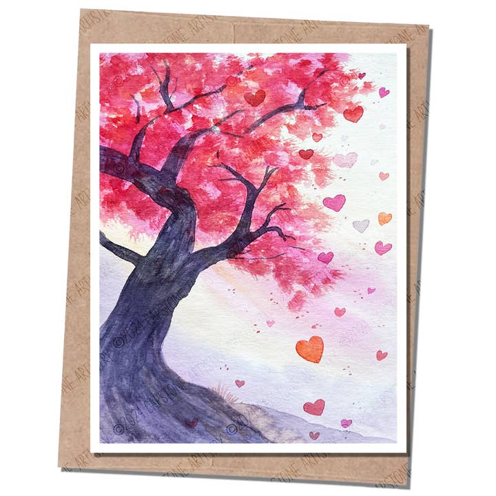 Windswept Hearts Bonsai Tree Handmade Greeting Card for wholesale by Capstone Artistry