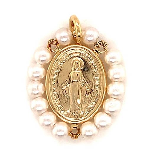 The Bead Bazaar - Vente Breloques/médailles personnalisées - Pendentif en perle de la Vierge Marie 18 carats, médaille Mère Marie pour collier, breloque Vierge Marie en or, pendentif Mère Marie, Médailles religieuses, Religieux en or0
