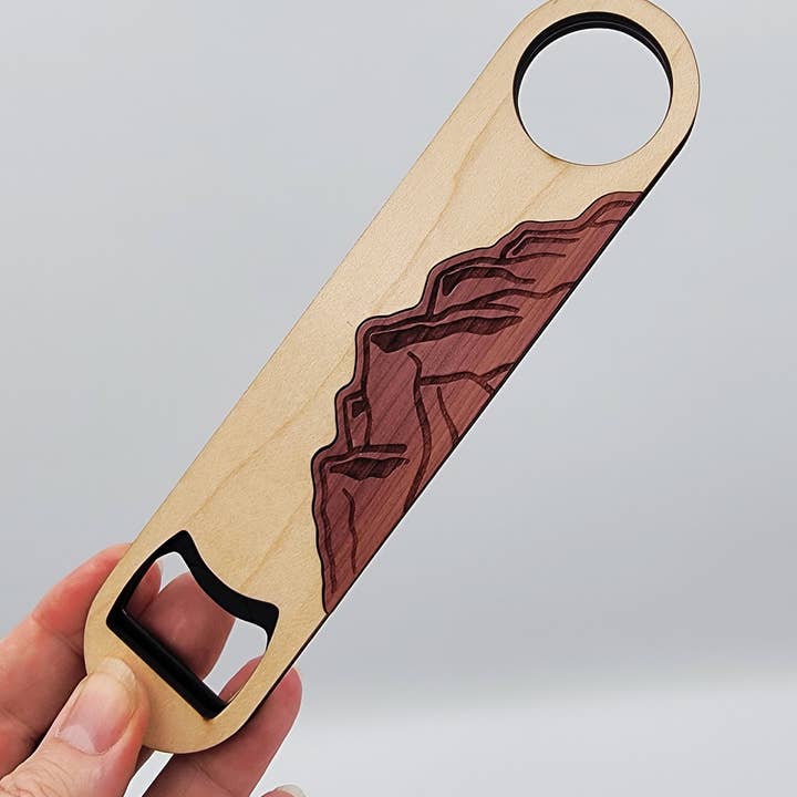 Hand-made Mountain-Inspired Wooden Bottle Opener light/dark for wholesale by Chromani