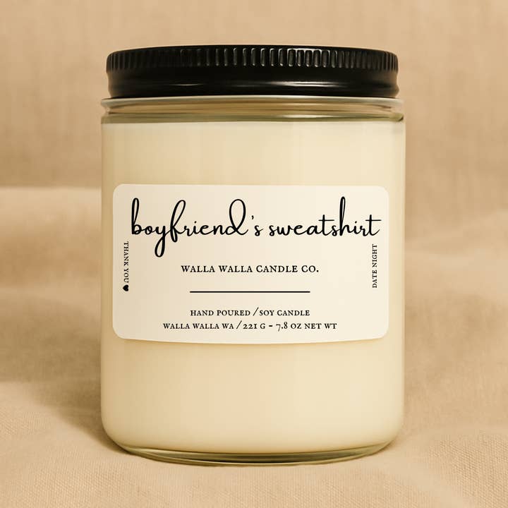 "BOYFRIEND'S SWEATSHIRT" SOY CANDLE for wholesale by Walla Walla Candle Co.