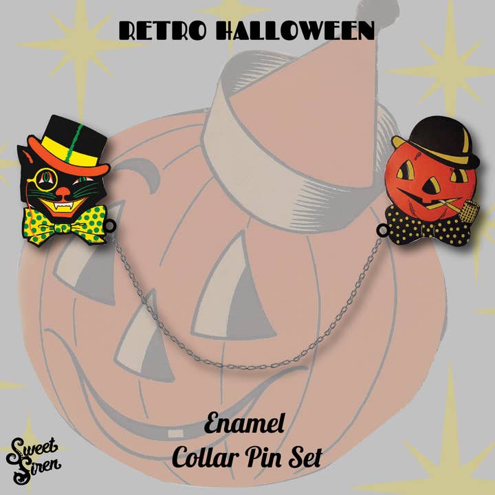 Sweet Siren Designs - Wholesale Lapel Pin/Button - Retro Cat and Pumpkin Collar-Sweater Pin Set3