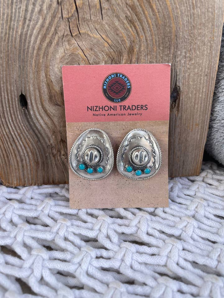 Navajo Cowboy Hat Sterling Silver & Turquoise Concho Post Earrings for wholesale by Nizhonitradersllc