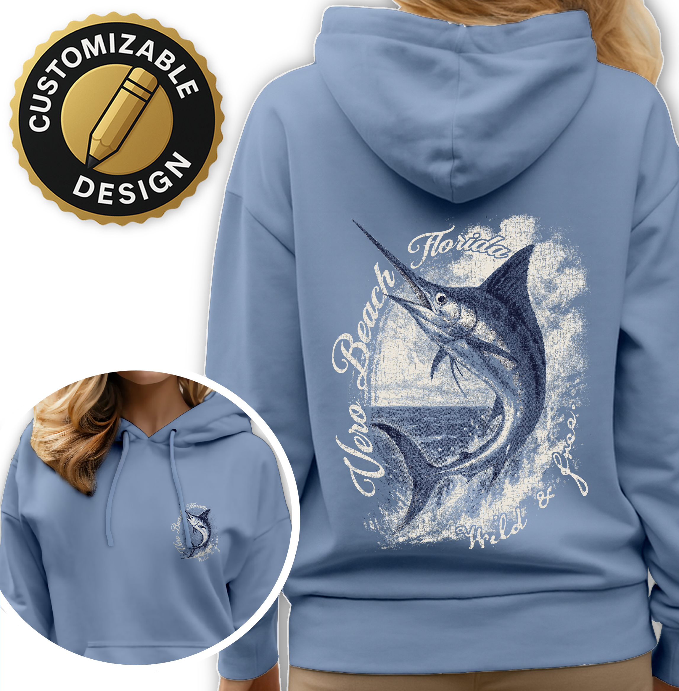 Textile Graphix - Wholesale Hoodie - Women's - Vintage Marlin Hoodie – Customizable Coastal Wildlife Design2