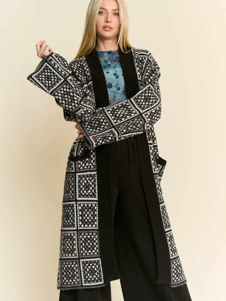 Davi & Dani - Wholesale Cardigan - Women's - GRANNY SQUARE INSPIRED OPEN DUSTER KNIT CARDIGAN