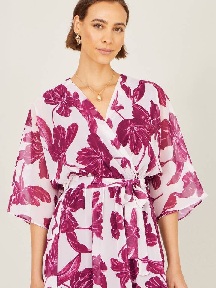 Yumi Pink Kimono Sleeves Midi Dip Hem Wrap Midi Dress for wholesale by Yumi