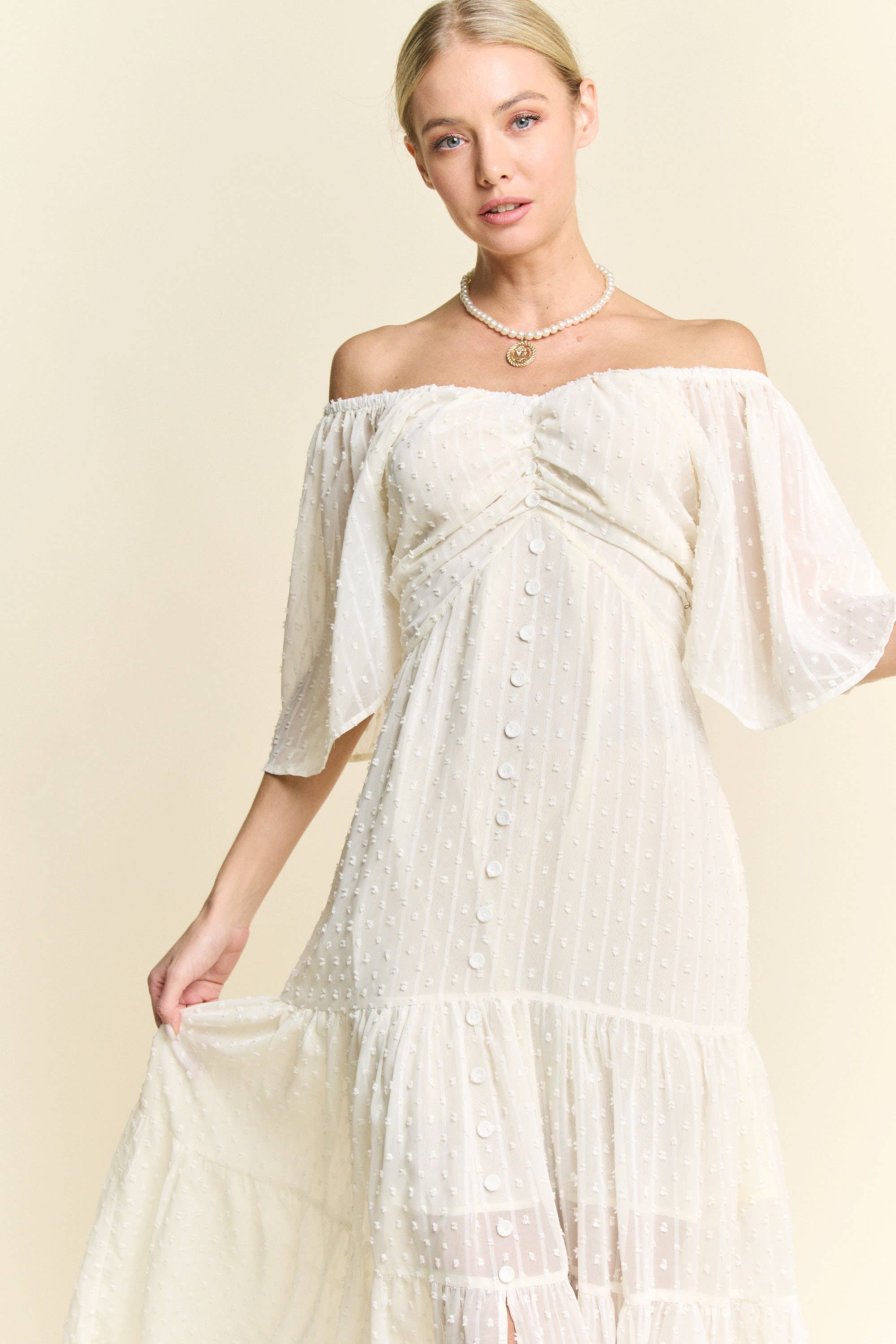 Davi & Dani – wholesale Dress – Women's – SWISS DOTTED RUCHED RUFFLE OPEN BACK MIDI DRESS3