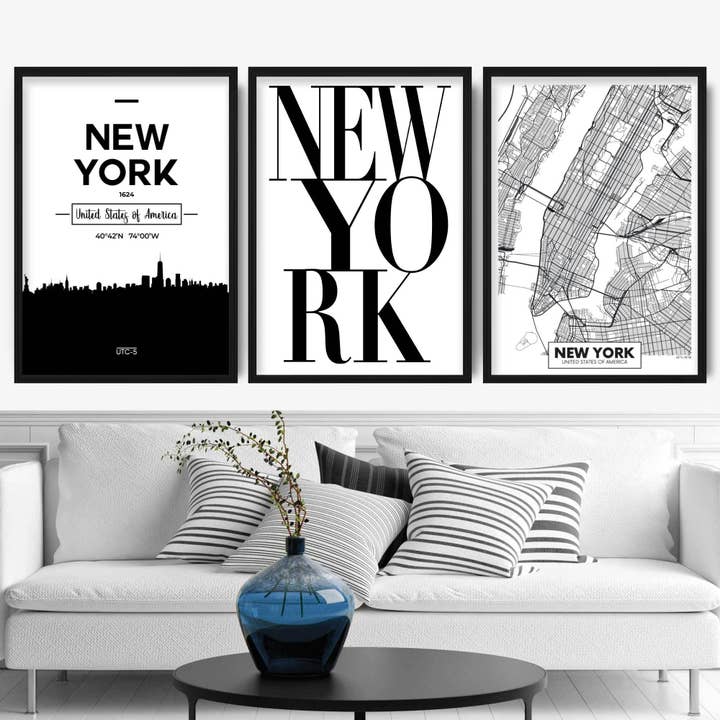 Set di 3 stampe della città di New York Skyline Street Map per la vendita all'ingrosso da parte di Artze Wall Art