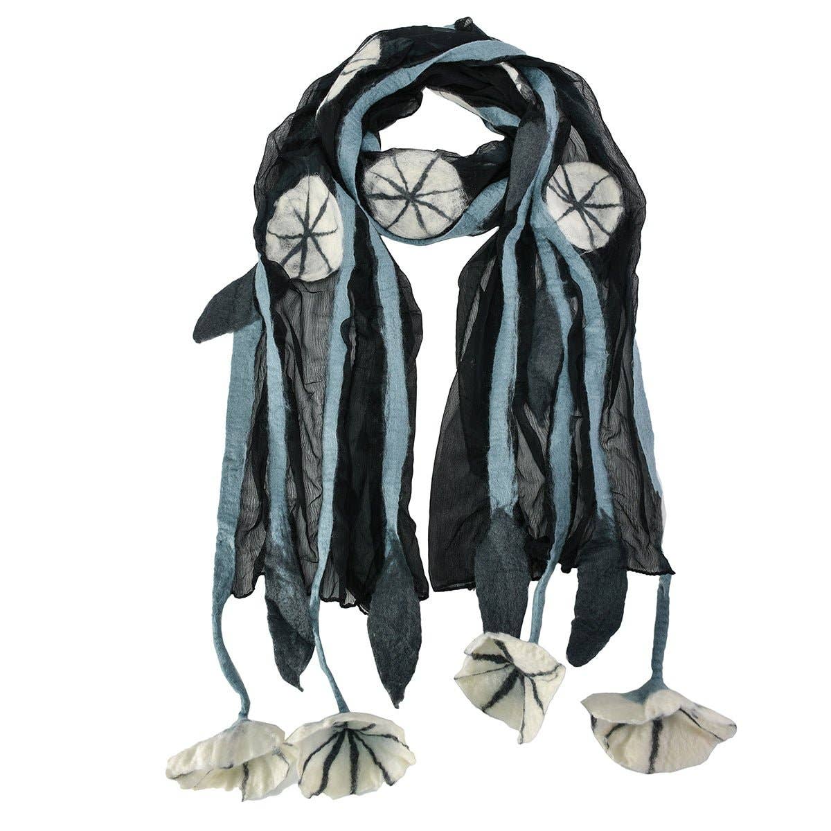 BNB Crafts Inc. - Wholesale Scarf - Women's - Black Chiffon Scarves with Felted Flower Hanging0