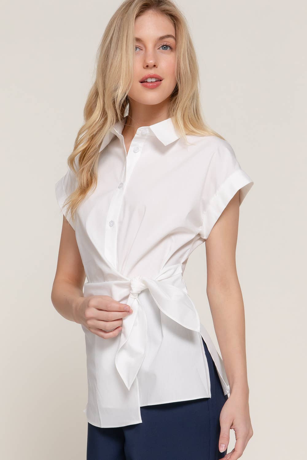 Active Basic | Active USA - Wholesale Button Down Shirt - Women's - Short Dolman Sleeve Button Down Side Knot Poplin Shirt17