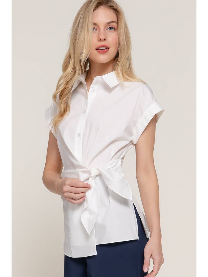 Active Basic | Active USA - Wholesale Button Down Shirt - Women's - Short Dolman Sleeve Button Down Side Knot Poplin Shirt17