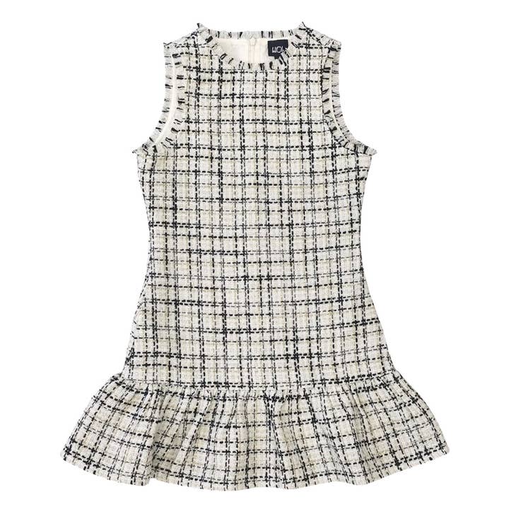 AA Zwart, Wit en Goud Tweed Ruffle Jurk voor wholesale door Little Olin