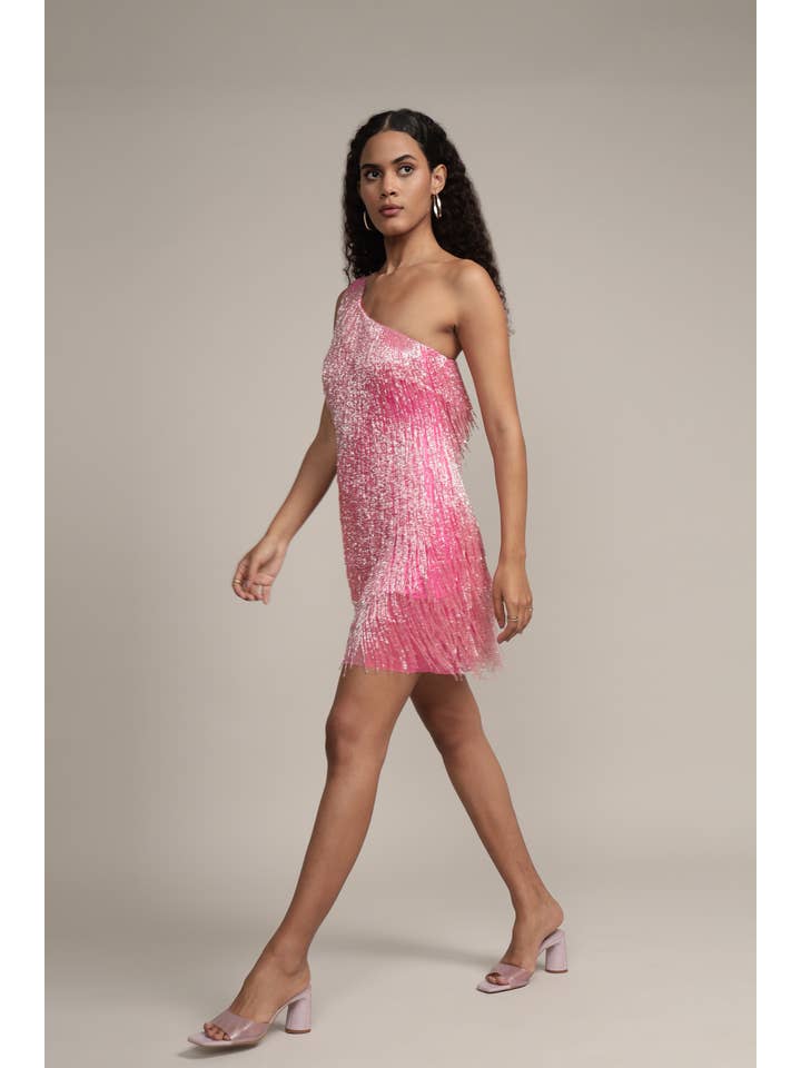 Athena Embellished Pink Fringe Mini Dress for wholesale on Faire