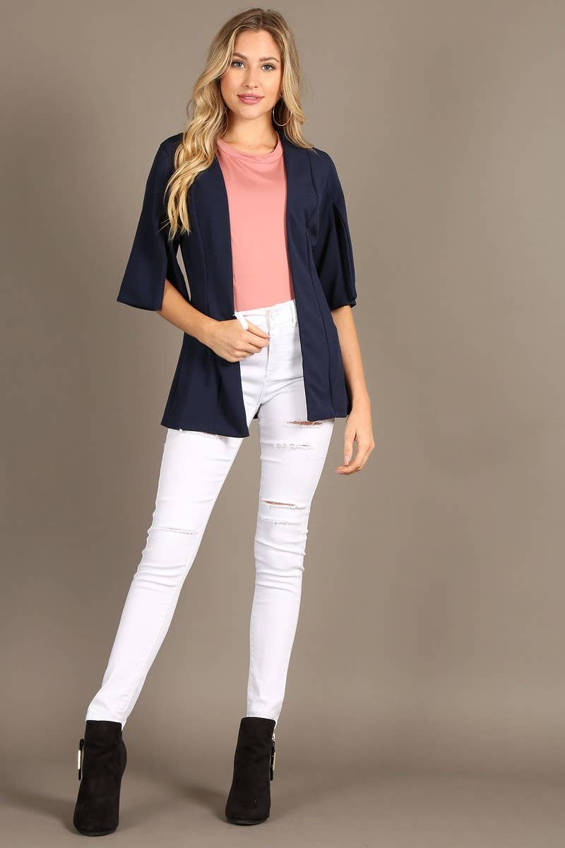 Bella Berry USA - Wholesale Coat - Women's - Solid open coat with slit sleeves and a loose fit.0