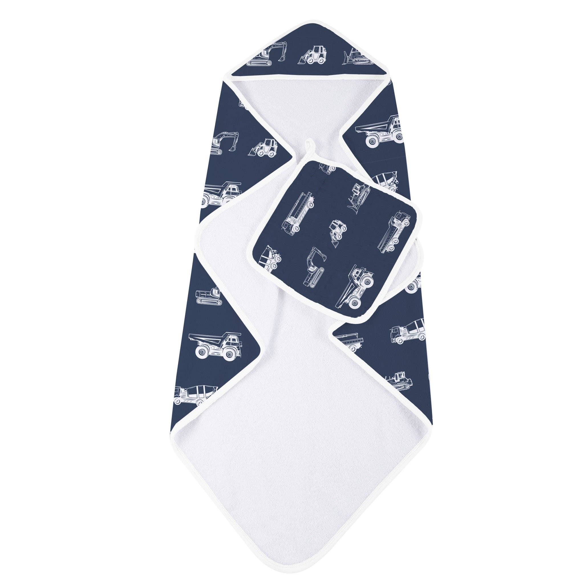 Newcastle Classics – Engroshandel Håndklædesæt – Dump Trucks & Diggers Hooded Håndklæde og Vaskeklud Sæt1