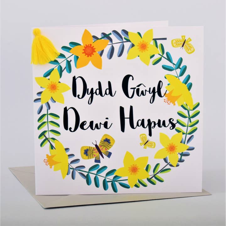 Claire Giles Ltd - Wholesale St. Patrick's Day Card - Welsh St Davids Day Card, dydd gwyl dewi hapus, Daffodil, Tassel Embellished