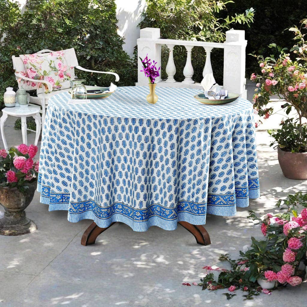 Fabricrush - Wholesale Tablecloth - Cerulean Blue Leaf Printed Round Tablecloth Home Decor 0
