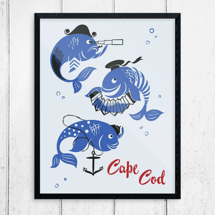 11" x 14" Cape Cod Fish Navy Estampa por atacado de Fridgedoor
