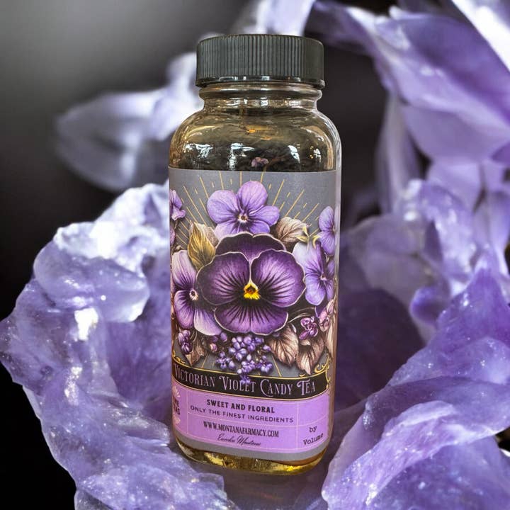 Vintage Victorian Violet Candy Tea Candied French Tea in Jar for wholesale by Montana Farmacy