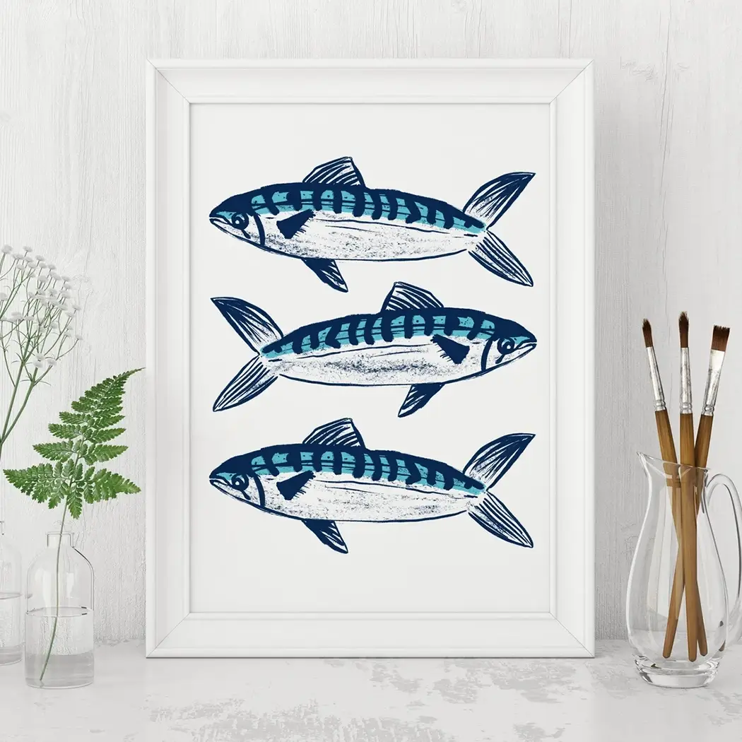 Sarah Whittle Illustration – wholesale Art print – Three Cornish Mackerel Coastal Wall Art Print1