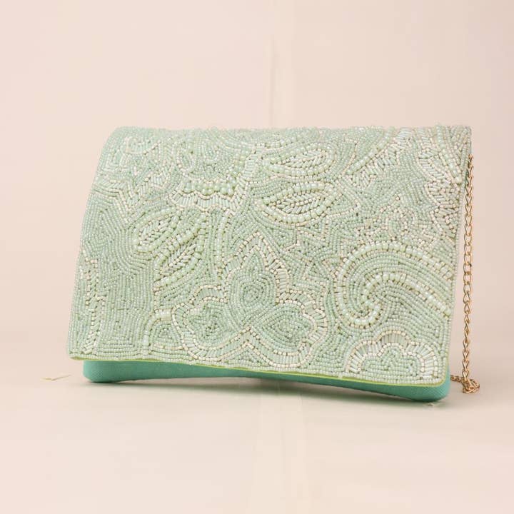 Handmade Mint Green Beads & Cotton Clutch with Chain Strap for wholesale on Faire