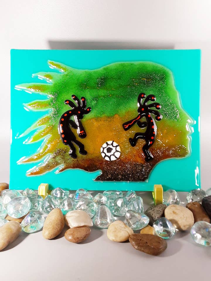 3D Beach Dancing Kokopelli Glass Display Piece on Stand for wholesale by Glasstopia