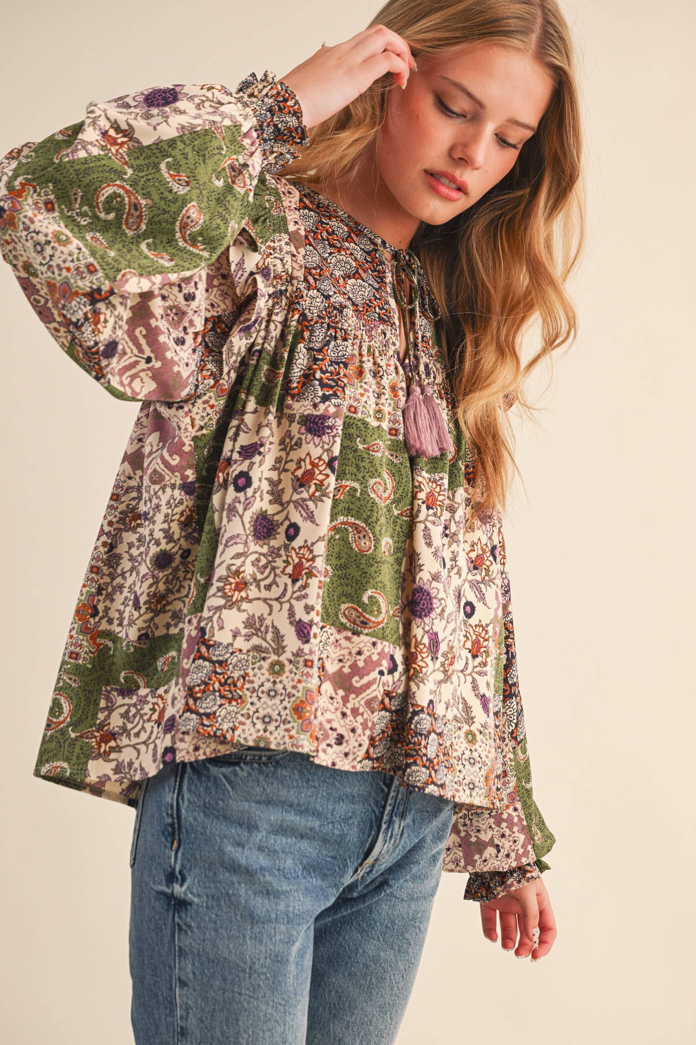 &MERCI - Wholesale Blouse - Women's - PATCHWORK PRINT SMOCKED RUFFLE BLOUSE MTP43501