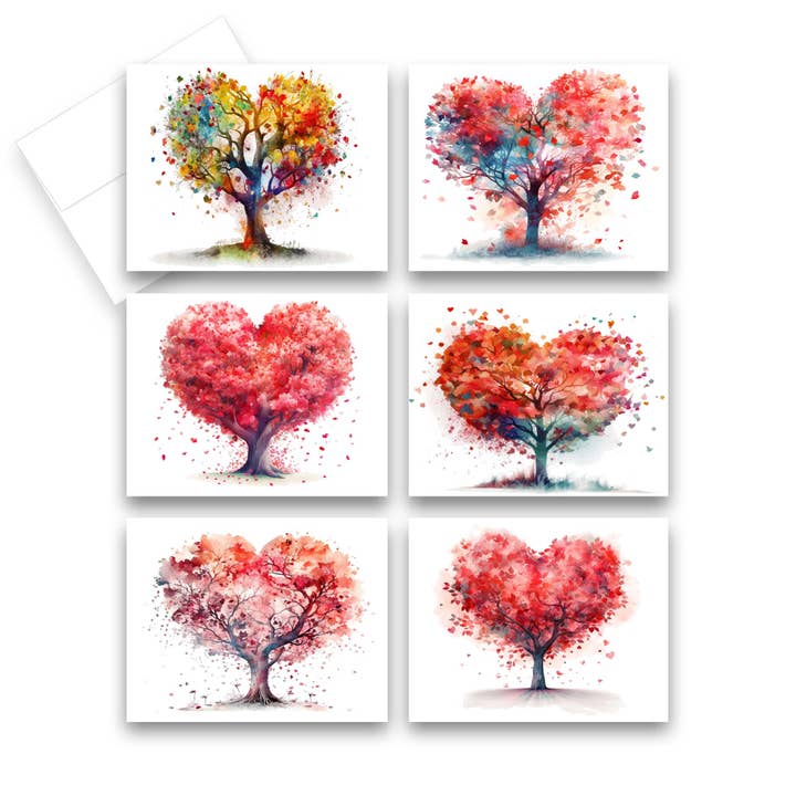 Aria Rae - Wholesale Stationery/Notecard Set - Assorted Heart Tree Greeting Cards, Set of 6