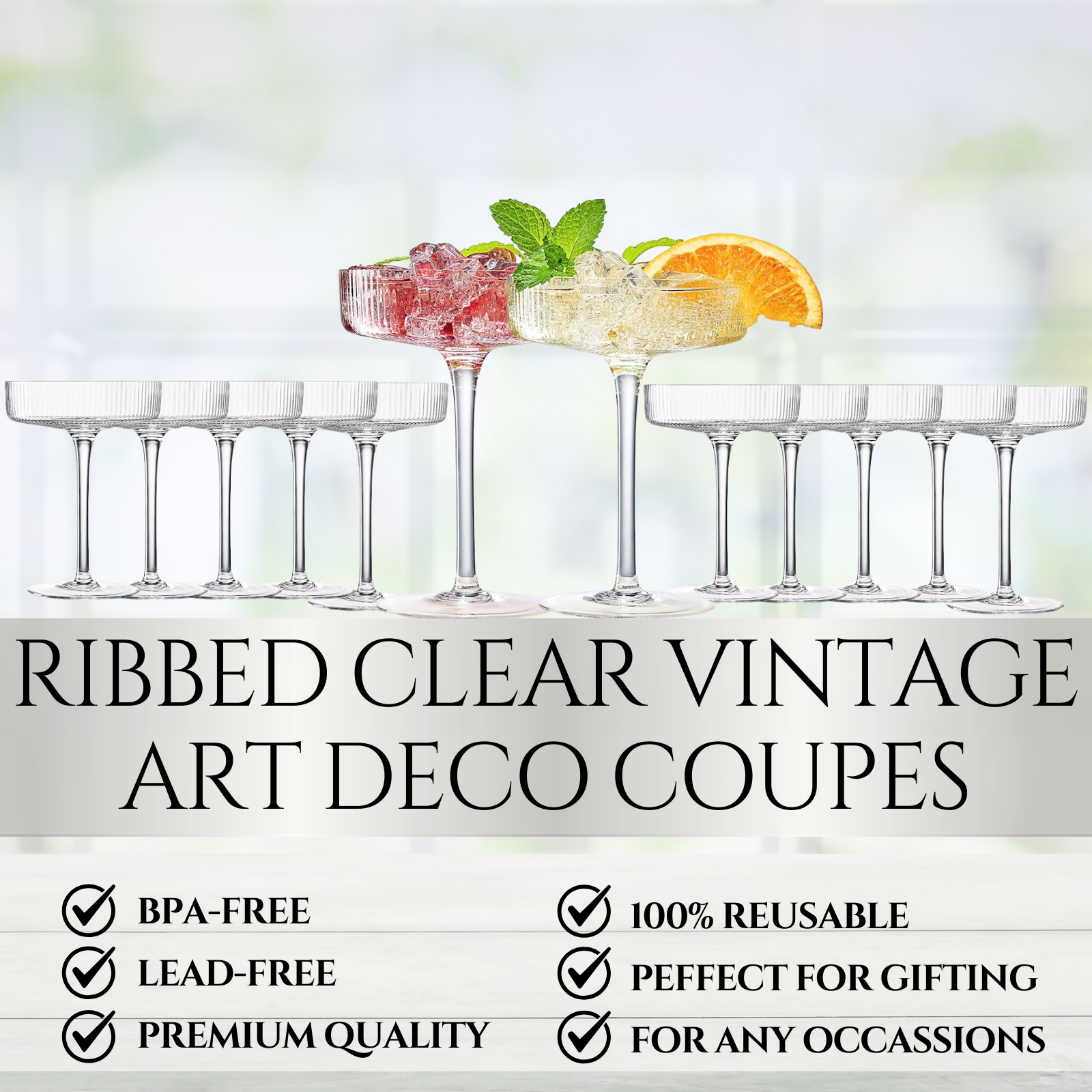 The Wine Savant /  Khen Glassware - Wholesale Cocktail/Liquor Glass - Ribbed Vintage Art Deco Coupe Glasses | Set of 12, 8OZ1