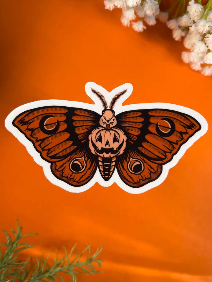 Halloween Pumpkin Moth Sticker for wholesale by Holli Rose Art