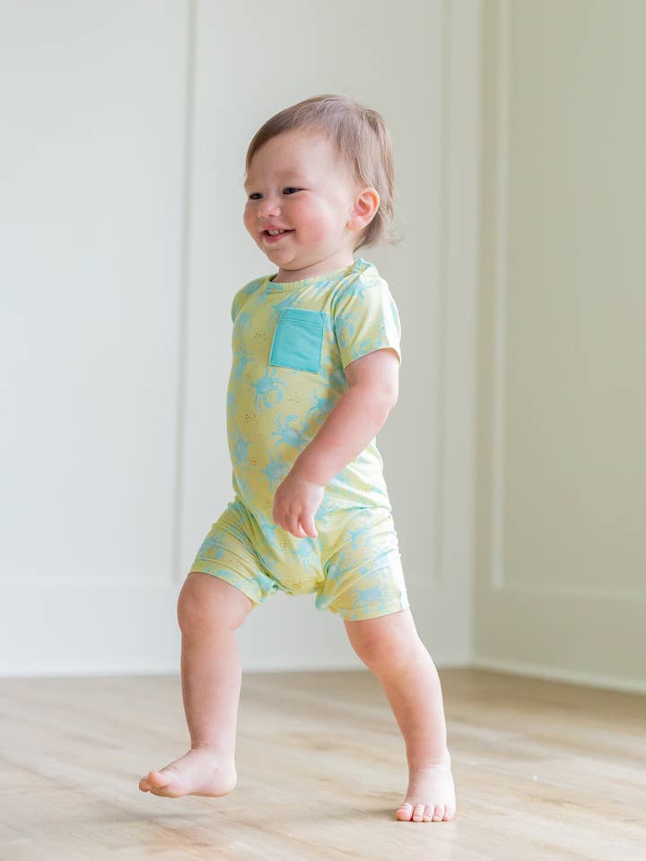 Yellow/Blue Crab Romper for wholesale by Sweet Bay Clothing