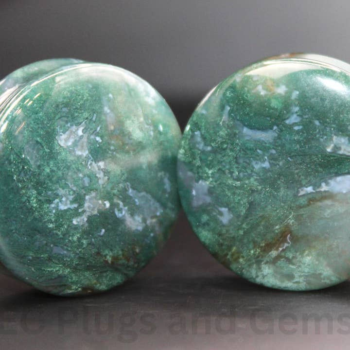 Moss Agate Plugs - "A" Grade Double Flare Pair Stone Green Gauges for wholesale by EC Plugs and Gems
