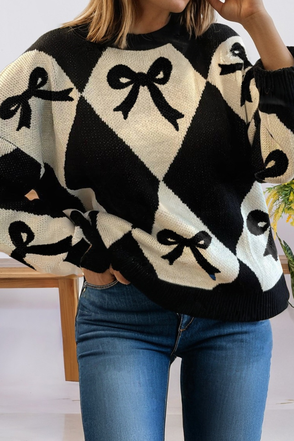 66DISCO - Wholesale Knit Sweater - Women's - Valentine Bow Print 2-tone Rhombus Knit Loose Sweater (S-XL)0