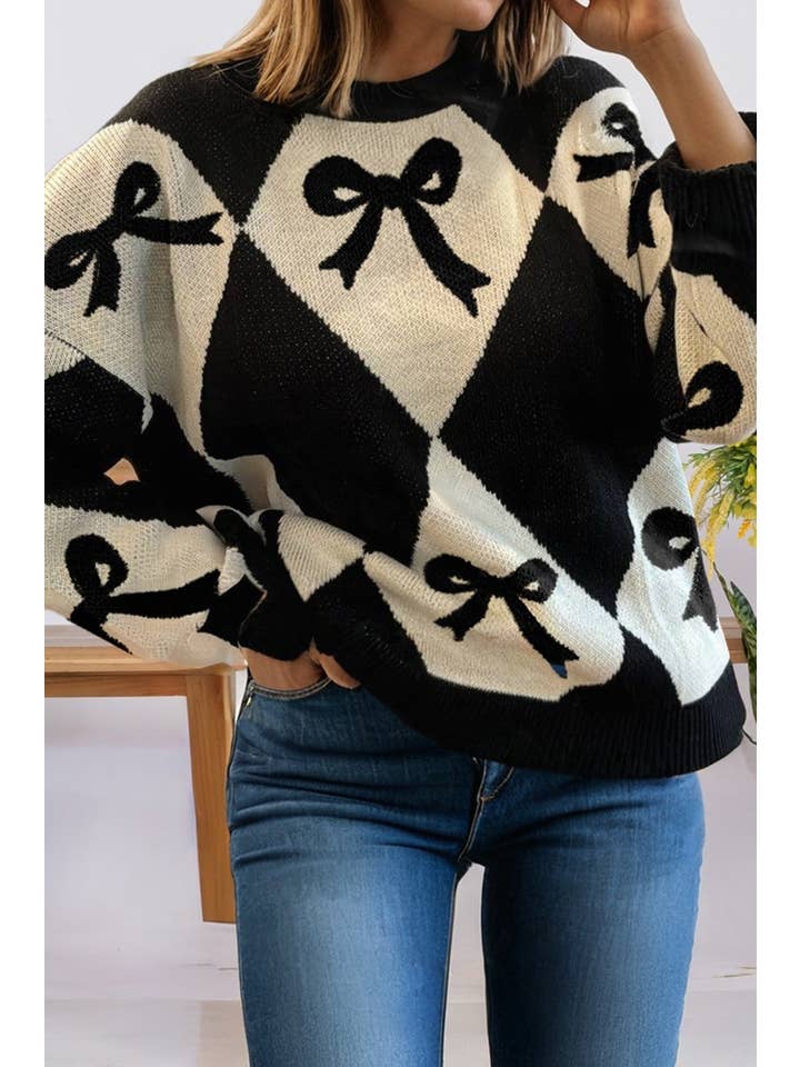66DISCO - Wholesale Knit Sweater - Women's - Valentine Bow Print 2-tone Rhombus Knit Loose Sweater (S-XL)