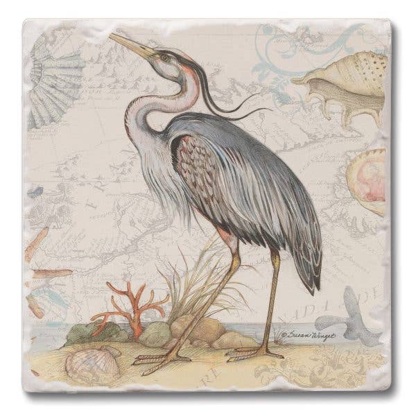 CounterArt/Highland Home/Thirstystone - Wholesale Coasters - Shoreline Blue Heron Absorbent Stone Tumbled Tile Coasters
