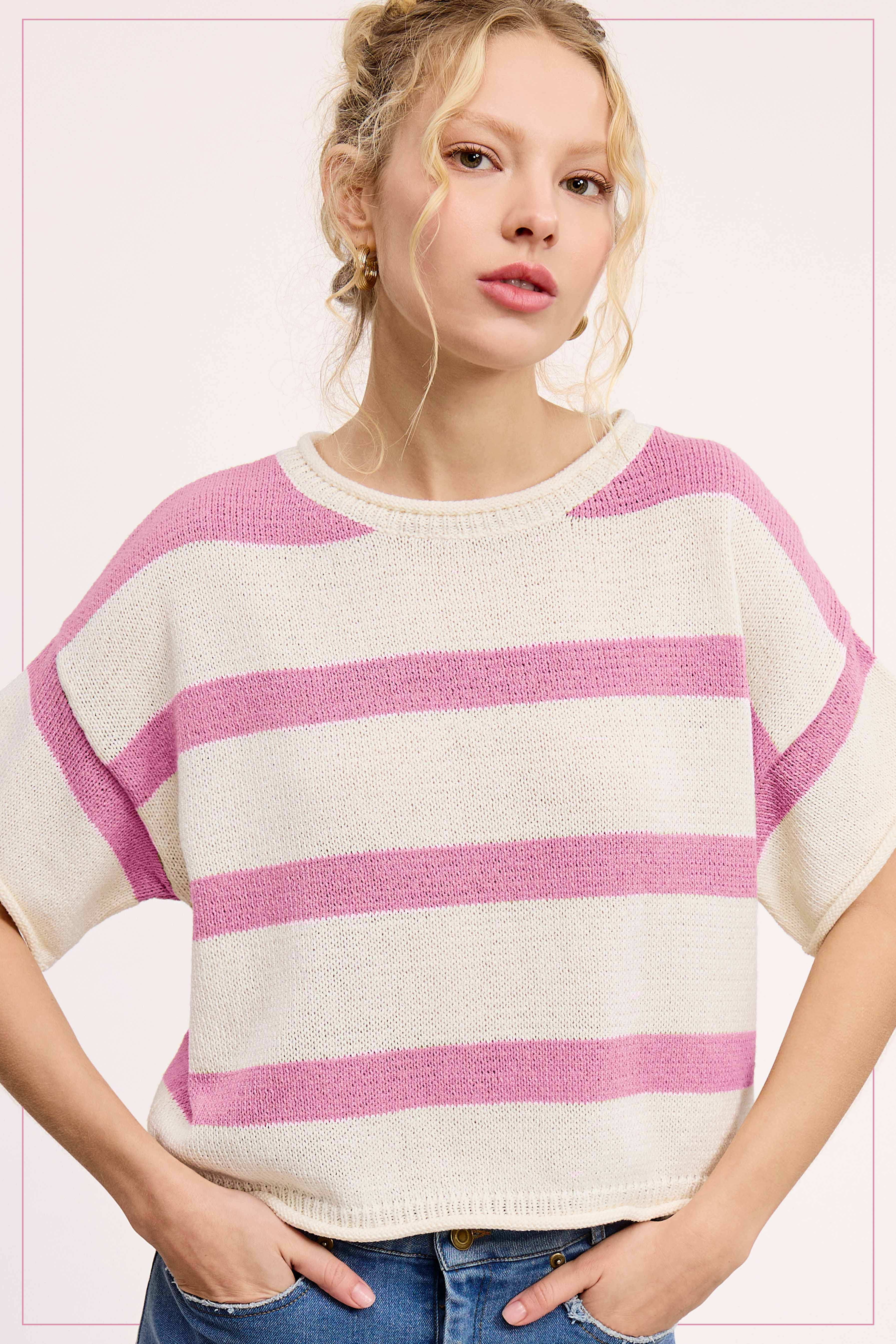 La Miel - Vendita all'ingrosso Maglione tricot - Donna - MCS3579-Boxy Silhouette Maglione Leggero A Righe8