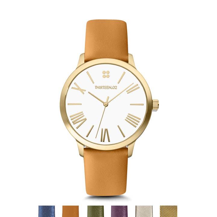 Reloj para mujer de 38 mm: caja dorada con esfera blanca y número romano para venta al por mayor de 1302 Watch Co.