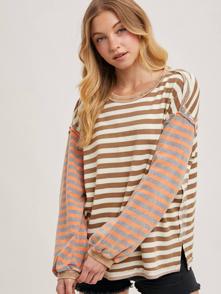 Bluivy - Wholesale Knit Sweater - Women's - STRIPE CONTRAST EXPOSED SEAM LOOSE FIT KNIT PULLOVER