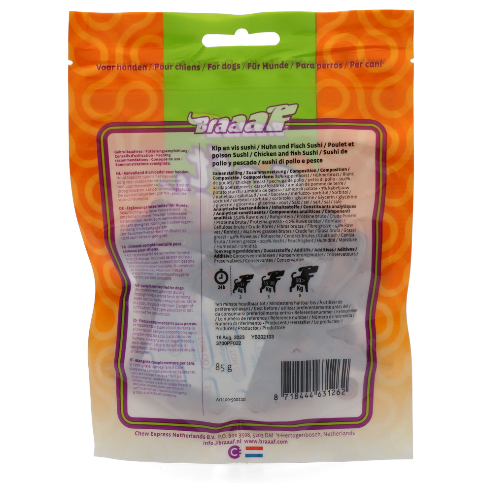 Hofman Animal Care - Vendita all'ingrosso Snack - Cani - Braaaf Soft Snack Sushi - Pollo & Pesce1