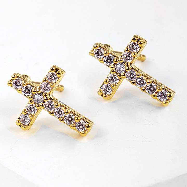 Fashion City - Wholesale Stud/Post Earrings - CZ Gold-Dipped Cross Earrings2