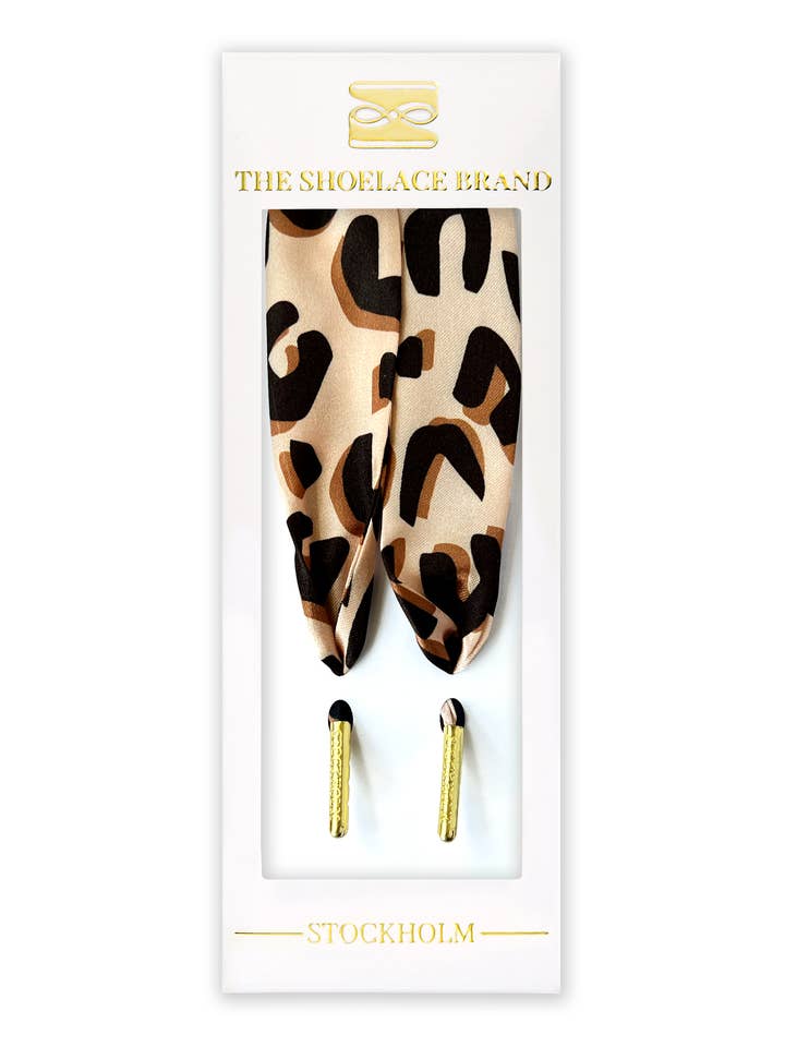 Leopard Scarf Luxury Shoelaces in Silk with Gold Tips 120cm for wholesale by The Shoelace Brand