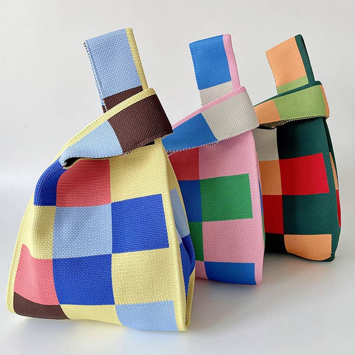 ACCITY - Wholesale Tote Bag - Women's - PINK AND GREEN CHECKERBOARD KNIT TOTE BAG_CWAB23944