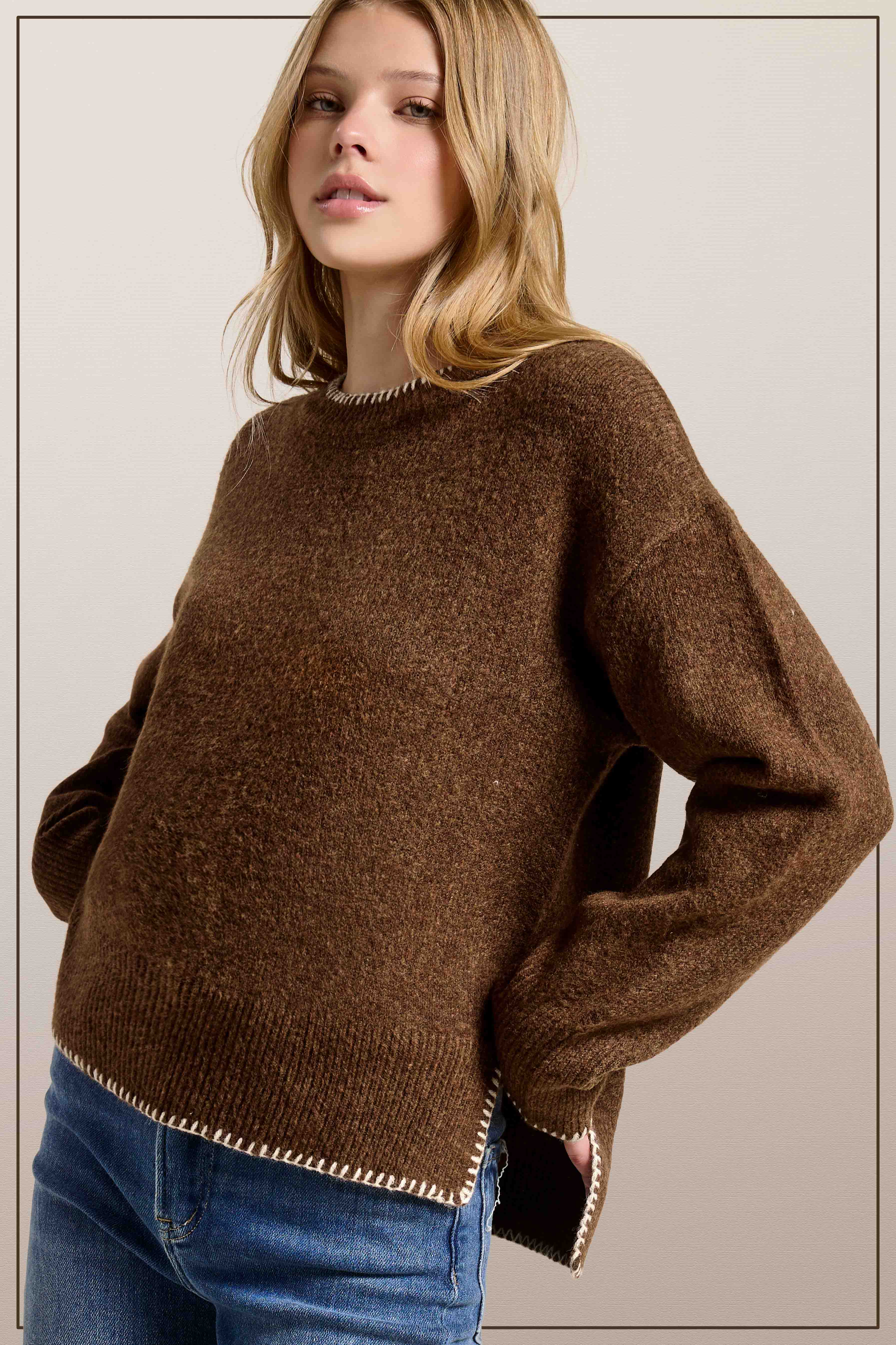 La Miel - Wholesale Knit Sweater - Women's - JDS3607-Hi-Low Crew Neck Sweater W/ Contrast Blanket Stitch28