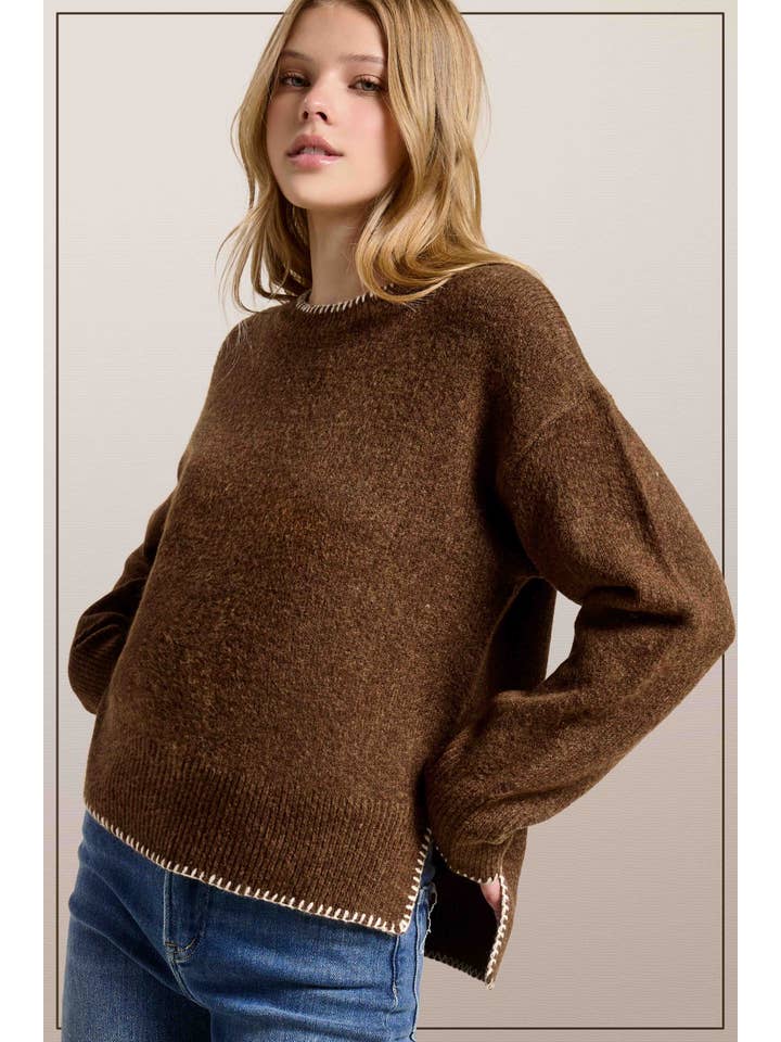 La Miel - Wholesale Knit Sweater - Women's - JDS3607-Hi-Low Crew Neck Sweater W/ Contrast Blanket Stitch28