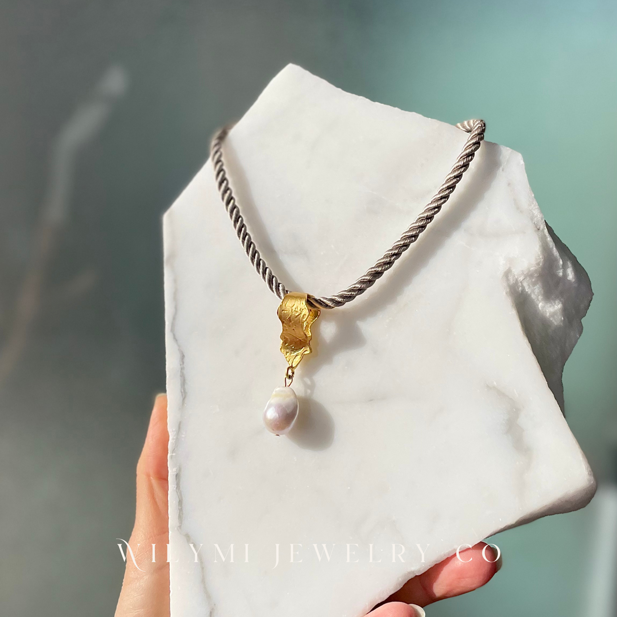 WILYMI Jewelry Co – wholesale Choker/collar – Grey Silk Braided Rope + Pearl Choker | 24k GP | Adjustable8