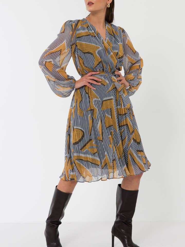 Saffron Coloured Pleated Midi Dress for wholesale by Elif Köse