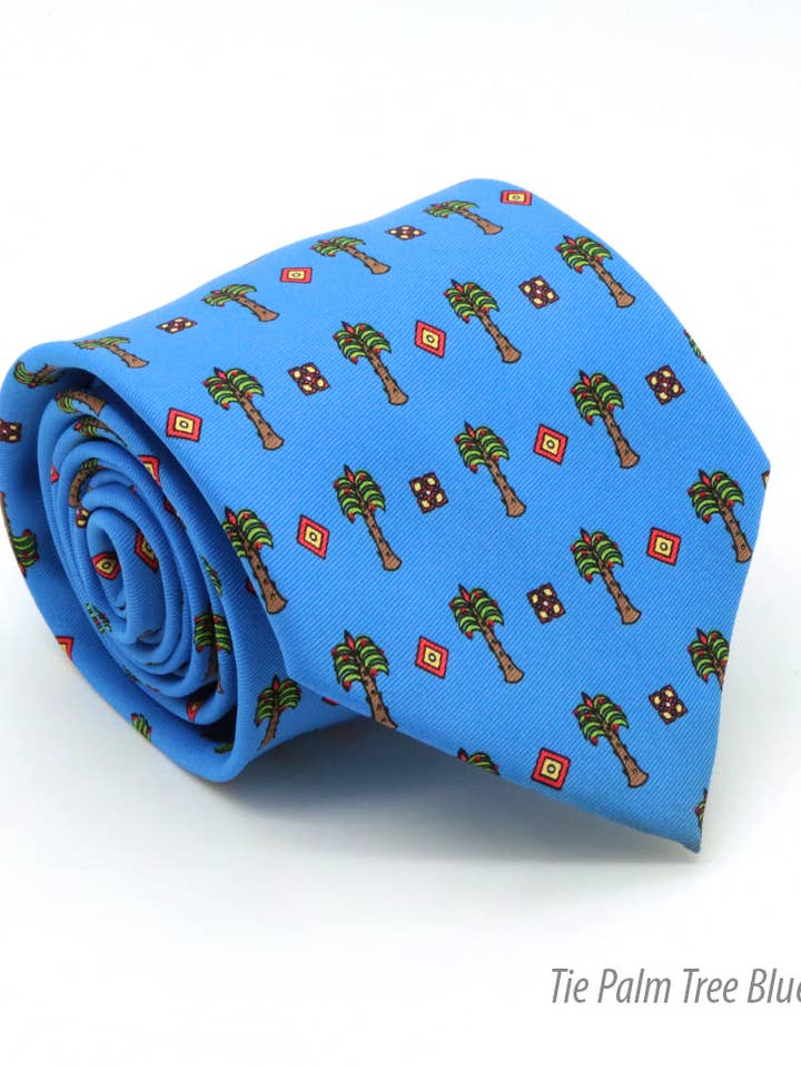 Blaue Krawatte mit Palmenmuster und Einstecktuch-Set für den Großhandel von Ferrecci