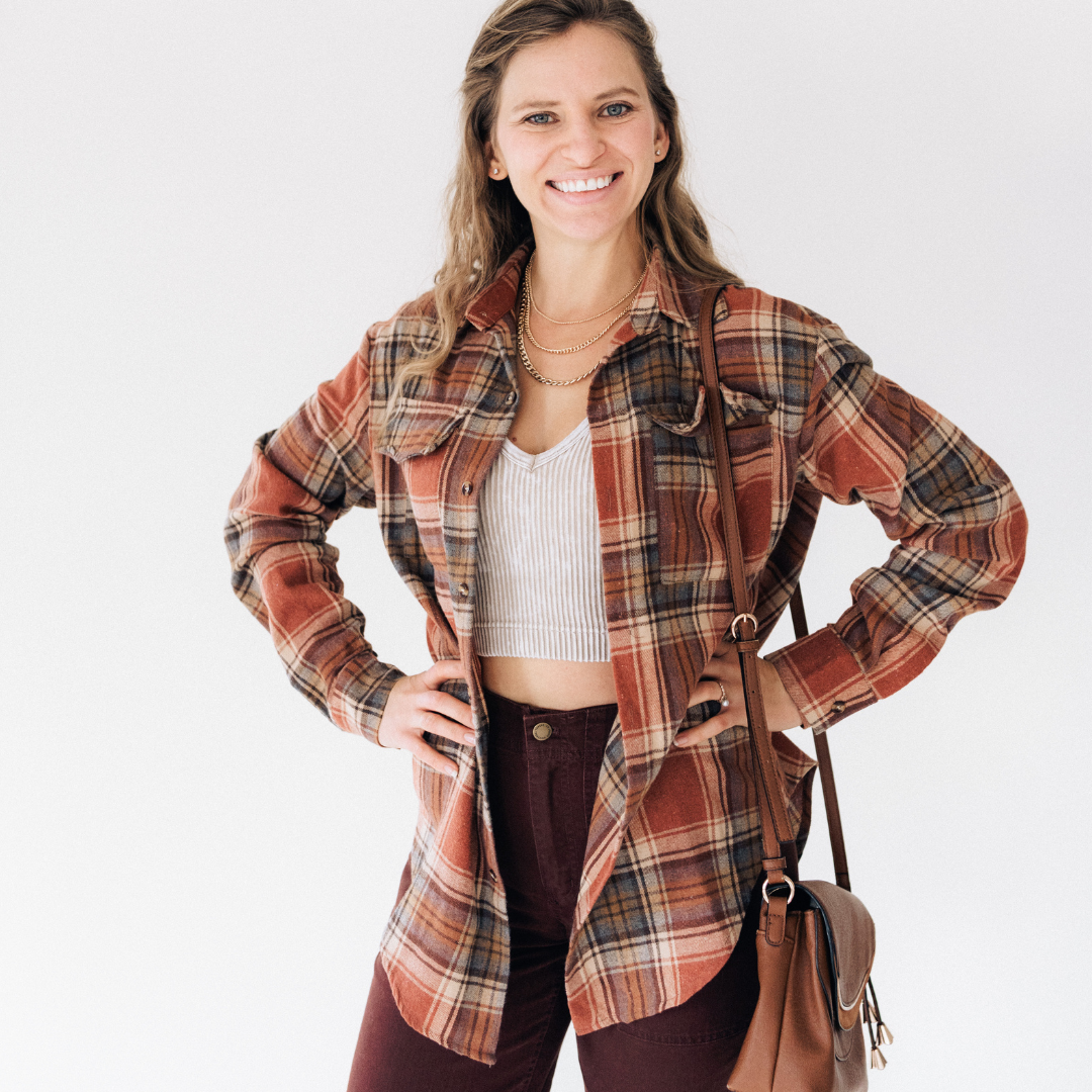 HAHA MAMA Clothing - Vendita all'ingrosso Camicia button down - Unisex - Flanella leggera color ruggine a quadri per adulti1